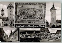 97332 W8712 Volkach Foto AK Unteres Tor und Oberes Tor Rathaus Panorama des Ortes mit Pfarrkirche St. Bartholomäus Fotograf Kohlbauer