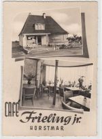 Horstmar. Café, Conditorei und Lebensmittelgeschäft von Heinrich Frieling jr., Eichendorferstraße 29 gelaufen, Marke entfernt, Nachkriegskarte kleiner Knick oben rechts und unten links, Vorder- und Rückseite leicht fleckig, sonst gut erhalten