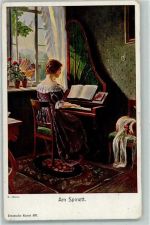 Frau spielt am Spinett sign. E. Horst AK Klavier 1917 Künstlerkarte