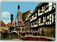91301 W8550 Forchheim , Oberfr - Kriegerbrunnen Fachwerk-Rathaus Blasorchester Fahnen