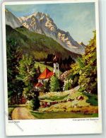 82491 W8104 Untergrainau Künstlerkarte Zugspitze Kirche sign. Hans Saum