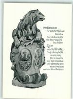 95615 W8590 Marktredwitz - der Retwitzer Brunnenlöwe mit Wappen von Eger und Retwitz aud dem Brunnen vor dem alten Rathaus in Eger