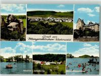 35794 W6296 Mengerskirchen Foto AK Galgenkopf Schloß Seeweiher Campingplatz Schwimmbad Bademode Ruderboot Gruß