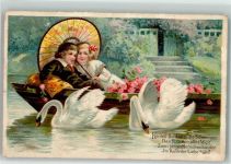 Kinder Boot Rosen Vers Lithographie Schwan Prägedruck