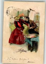 Verlag Edgar Schmidt Serie 7015 Maler und Model Staffelei 1898 Lithographie / Künstlerkarte