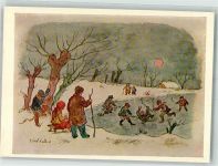 Kinder auf einem Teich Weihnachten Schlittschuh Künstlerkarte