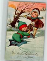 Excelsior 6286 Kind is im Eis eingebrochen Neujahr Schlittschuh 1924 Künstlerkarte