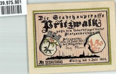 16928 O1920 Pritzwalk 1922 Notgeldschein Stadthauptkasse Platzanweisung über 1.50 Mark