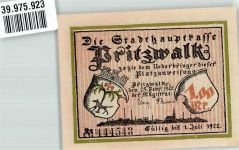 16928 O1920 Pritzwalk 1922 Notgeldschein Stadthauptkasse Platzanweisung über 1.00 Mark
