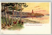10115 W1000 Grunewald Lithographie / Künstlerkarte Kaiser Wilhelm Turm Hirsch sign.G.H.