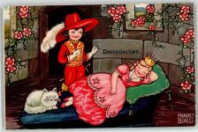 sign. Boriss, Margret Märchen Katze Dornröschen Künstlerkarte