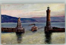W8990 Lindau Bodensee Nr. 2368B Hafeneinfahrt mit Leuchtturm und Bayerischem Löwen Bodenseeschiff Wiro 1920 Künstlerkarte