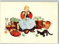 Marktfrau stricken Gemüse Katzen Hahn Kunstverlag Nr. 9 Hahn, W. Künstlerkarte