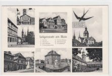 Seligenstadt am Main mit Marktplatz und Einhardhaus gelaufen, mit Marke und Stempel, Datum nicht lesbar. Leichter Stempeldurchdruck, kleiner Knick oben links, sonst gut erhalten