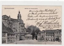 Sondershausen mit Schloß und Hauptwache gelaufen von 1916, Marke entfernt. Ecken mit Albumabdrücken, sonst gut erhalten.