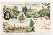 Mainthal, Lithographie mit 4 Abbildungen gelaufen von 1897 kleiner Knick oben links, leicht bügig, leicht fleckig, sonst gut erhalten