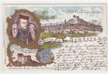 Homberg, Bez. Kassel, Lithographie zur Zeit Philipp´s des Grossmütigen, Landgraf zu Hessen 1518 - 67 gelaufen, 1900. Links leicht beschnitten, kleiner Knick oben rechts, sonst gut erhalten