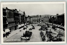 Linz Adolf Hitler Platz , Straßenbahn Litfaßsäule AK WK II 1938 Gebrauchsspuren