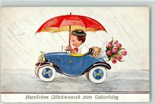 Kind Auto Blumen Geburtstag WB SS Nr.7071-2 Wills, J. Künstlerkarte
