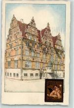 Aalborg Künstlerkarte Haus Briefmarkenabbildung Engel Ort lt. Stempel