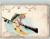 W6500 Mainz a Rhein Besen Glocken Gruss aus Lithographie Clown Gebrauchsspuren