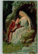 Walzertraum Frau Mann Mandoline Lithographie Minnesänger 1909 Prägedruck