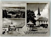 97461 W8729 Goßmannsdorf , Haßberge Foto AK Kirche Tankstelle Gasthaus Krone