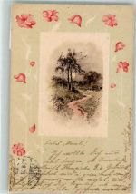 Landschaft Mondschein Jugendstil Blüten Passepartout 1901 Prägedruck