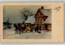 Postillon Touristen steigen ein Glaedelig Jul Postkutsche 1943 Künstlerkarte