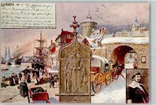 Europa Handel Postkutsche Hafen sign. P.O. Verlag Ludwig Fuchs Kulturgeschichte Beruf 1901 Künstlerkarte