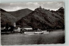 56341 W5424 Kamp-Bornhofen , Rhein Foto AK Raddampfer vor dem Ort mit der Wallfahrtskirche Burg Sterrenberg und Burg Liebenstein