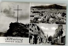 93444 W8493 Kötzting Foto AK Panorama des Ortes Marktstraße Filialkirche St. Veit Kreuzfelsen auf dem Kaitersberg Fotograf Kohlbauer