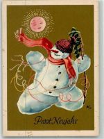 Neujahr Schneemann mit Mütze und Schal unter der strahlenden Sonne Schneemann Künstlerkarte