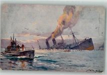 Deutsches U-Boot versenkt bewaffneten Truppentransporter Marine WK I Stöwer, W. Künstlerkarte