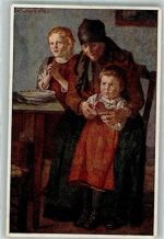 sign. Firle, Walter Großmutter mit zwei betenden Kindern Deutschlands Spende Säuglings- und Kleinkinderschutz Künstlerkarte Hilfsorganisation Gebrauchsspuren