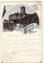 Gruß von der Wartburg bei Eisenach i. Thür. Gesamtansicht von Osten Elisabeth Brunnen gelaufen 1896 Eckbug oben rechts, untere linke Ecke Oxydationsspuren unterer Rand, sonst gut erhalten.