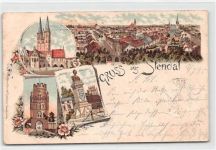 Stendal, Lithographie mit Rathaus, Totale, ünglinger Thor und Nachtigal-Denkmal gelaufen. Ecken mit Albumabdrücken, oben links leicht bügig, leichter Stempeldurchdruck, Vorder- und Rückseite stockfleckig