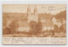 Fotokarte Künzelsau. Teilansicht mit Kirche gelaufen. Leichter Schrift- und Stempeldurchdruck, kleiner Knick oben und unten links, sonst gut erhalten