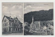 Schmitten im Taunus mit Kirche und Kurhaus zum Ochsen gelaufen, Marke entfernt, Abrißspuren. Leichter Bug in der Mitte, sonst gut erhalten