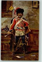 Soldat in historischer Uniform mit weißer langer Pfeife sign. Klein Uniform Künstlerkarte
