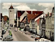 97437 W8728 Haßfurt Foto AK Hauptstraße Turm Tor Autos Geschäfte Gartenbau Cafe