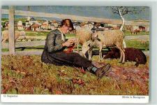 Hirtin in Savognino Hirt Schafe stricken AK Segantini, G. 1927 Künstlerkarte