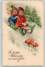 Neujahr Fliegenpilze Kinder Verlag Erika Nr.6013 Schlitten