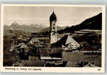87484 W8964 Nesselwang Foto AK mit Kirche St. Andreas Säuling und Zugspitze Fotograf Tanner Notopfermarke