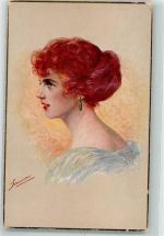 Nr. 293 sign. Schneider Junge rothaarige Frau im Profil Amag Künstlerkarte