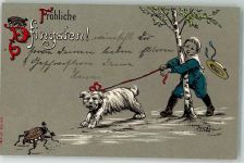 Der Hund entdeckt den Käfer , Pfingsten Maikäfer 1903 Lithographie / Künstlerkarte