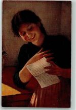 sign. von Bergen Frau Ein Liebesbrief Nr.9 Münchner Kunst Künstlerkarte