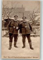 Zwei dicke deutsche Landwehrsoldaten lachen über die Drohung Englands uns auszuhungern Verlag Ludwig Riffelmacher No. 574 Feldpost 5. Bayer. Inf.-Div. Propaganda WK I 1916