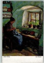 sign. Schrag Julius Am Fenster Frau A. Oe. i. L. 1442 Nähen Künstlerkarte