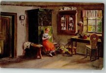 Frau am Kachelofen Liebesbrief lesen Interieur Frank, E. Künstlerkarte